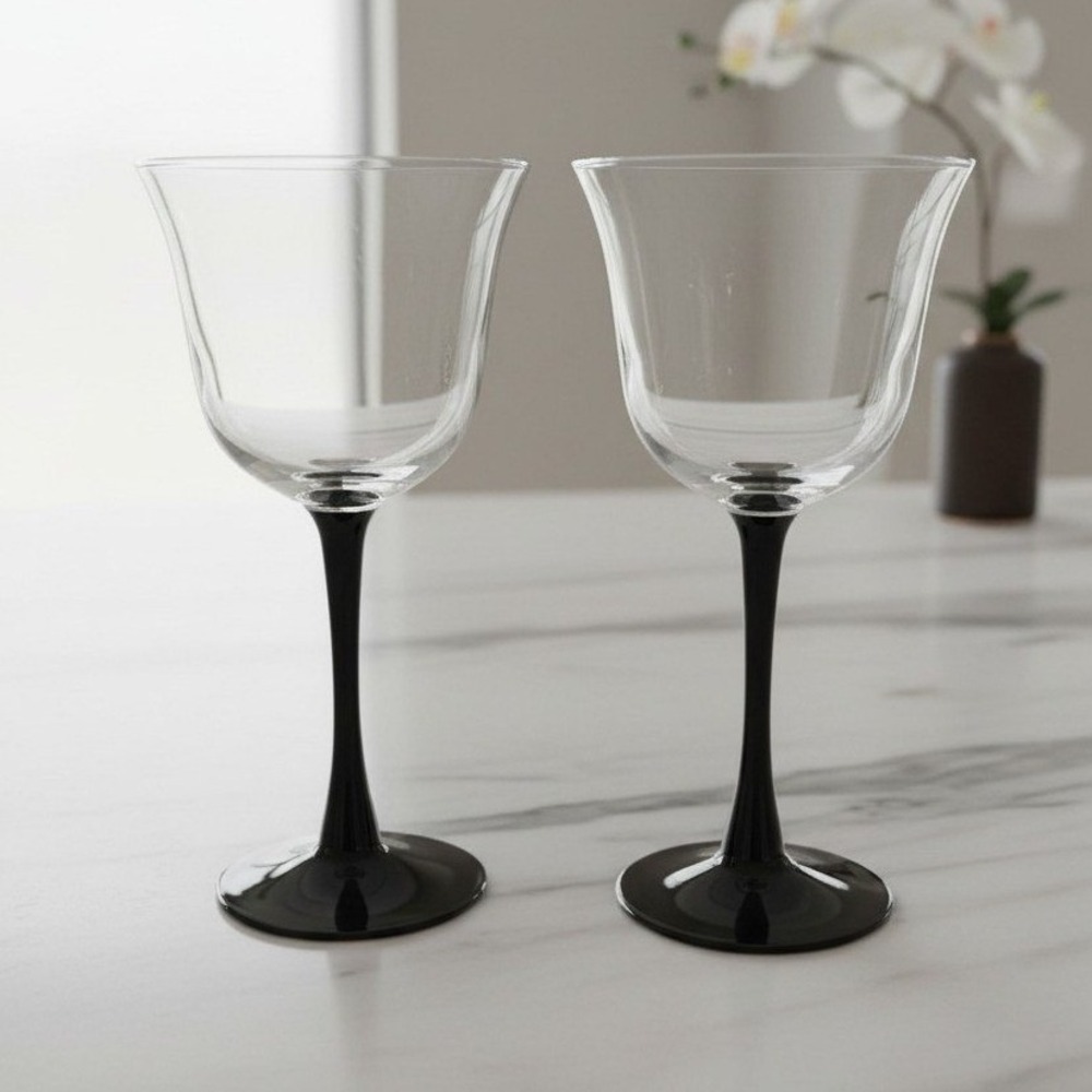 Luminarc Black Stemmed Tulip Wine Glasses, Set of 2, Vtg Domino Design, Stemware